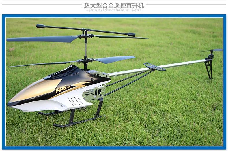 A sleek gold and white alloy remote control helicopter with black accents and blue rotor blades featuring a lithium battery for extended flight time.