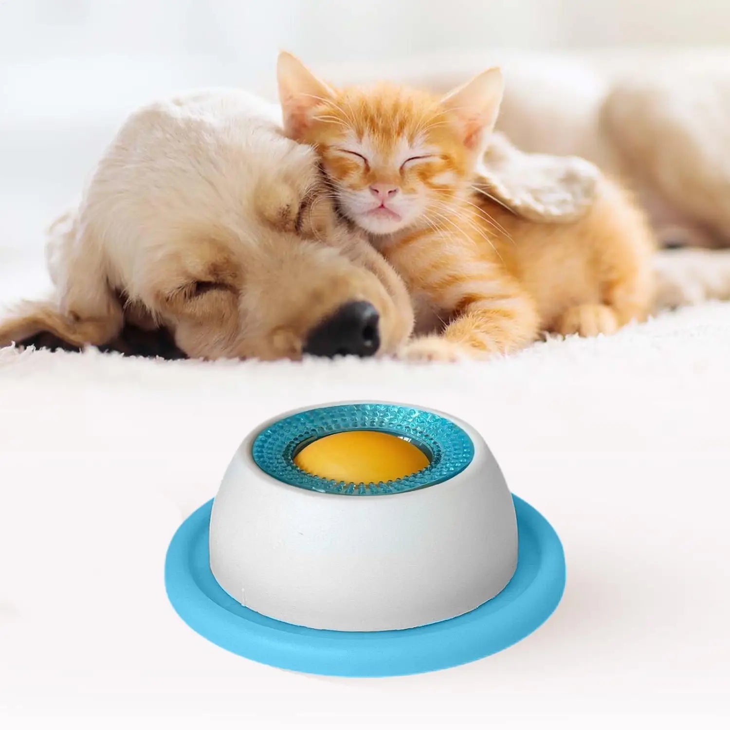 Blue and white dog licking toy with a textured turquoise ring around the yellow center button designed as a pet training clicker for slow feeder puzzle use.