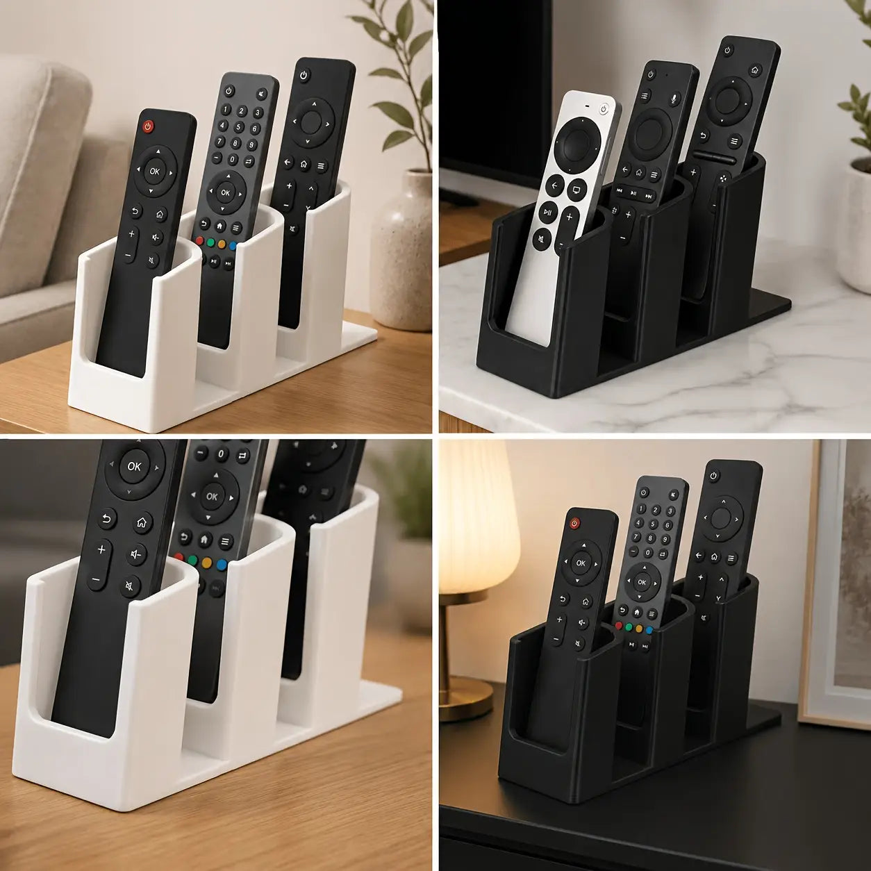 Black and white plastic remote control organizer with three slots for holding and organizing tv remotes.