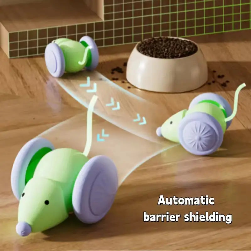 green and purple robotic smart mouse animal toys with wheels designed for obstacle avoidance to autonomously navigate around a pet food bowl