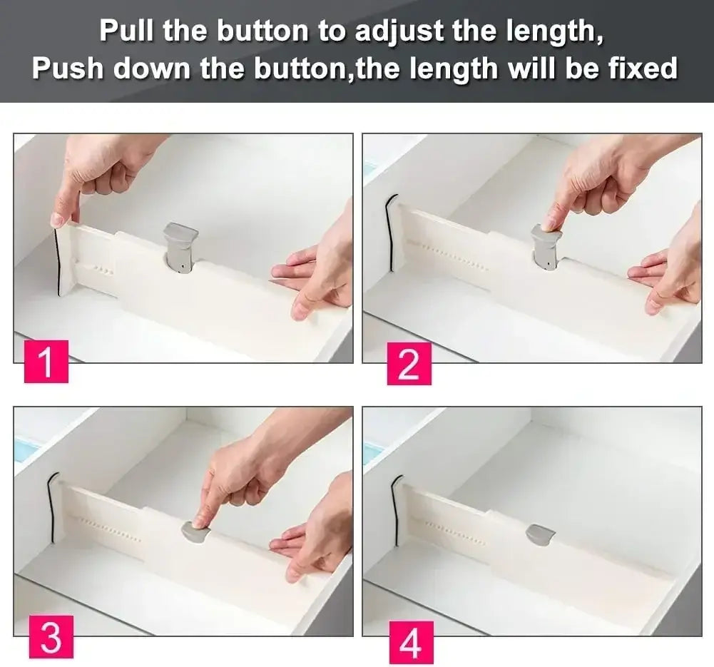 white plastic adjustable drawer divider with a gray button mechanism for customizable storage partition.