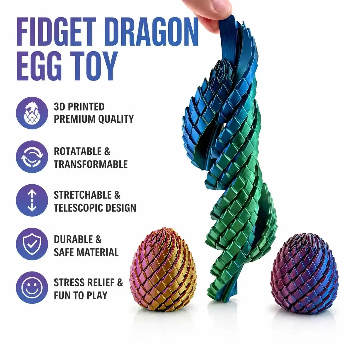 A vibrant metallic printed dragon egg fidget toy with interlocking scales and articulated stretching design