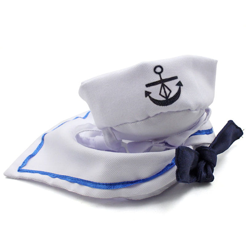 white sailor-style cat costume hat with black embroidered anchor blue trim and navy blue ribbon tie