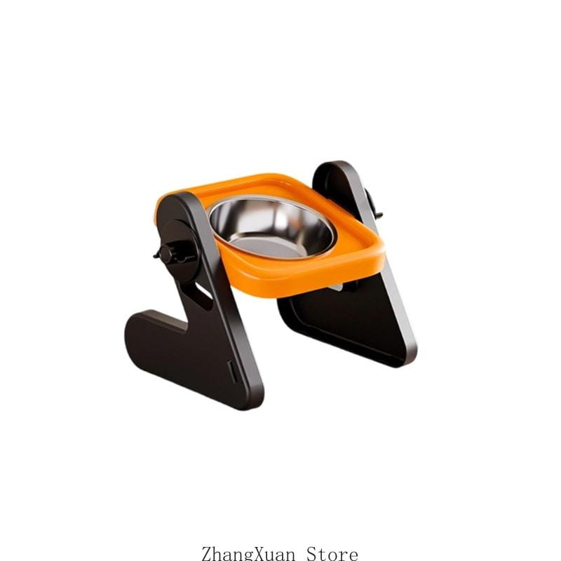 Adjustable orange and black pet feeding stand with a height adjustable stainless steel single bowl for convenient feeding.