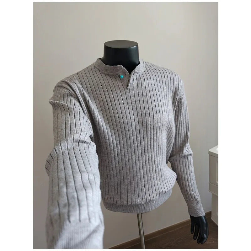 Men's Loose Textured Knit Sweater Spring Autumn American Style Casual Solid Color Inner Top