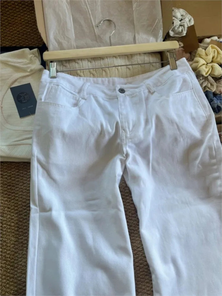 Simple Basic White Jeans Women Summer Back Pockets Cotton Straight Denim Long Pants Female Casual Vintage All-match Trousers Y2K