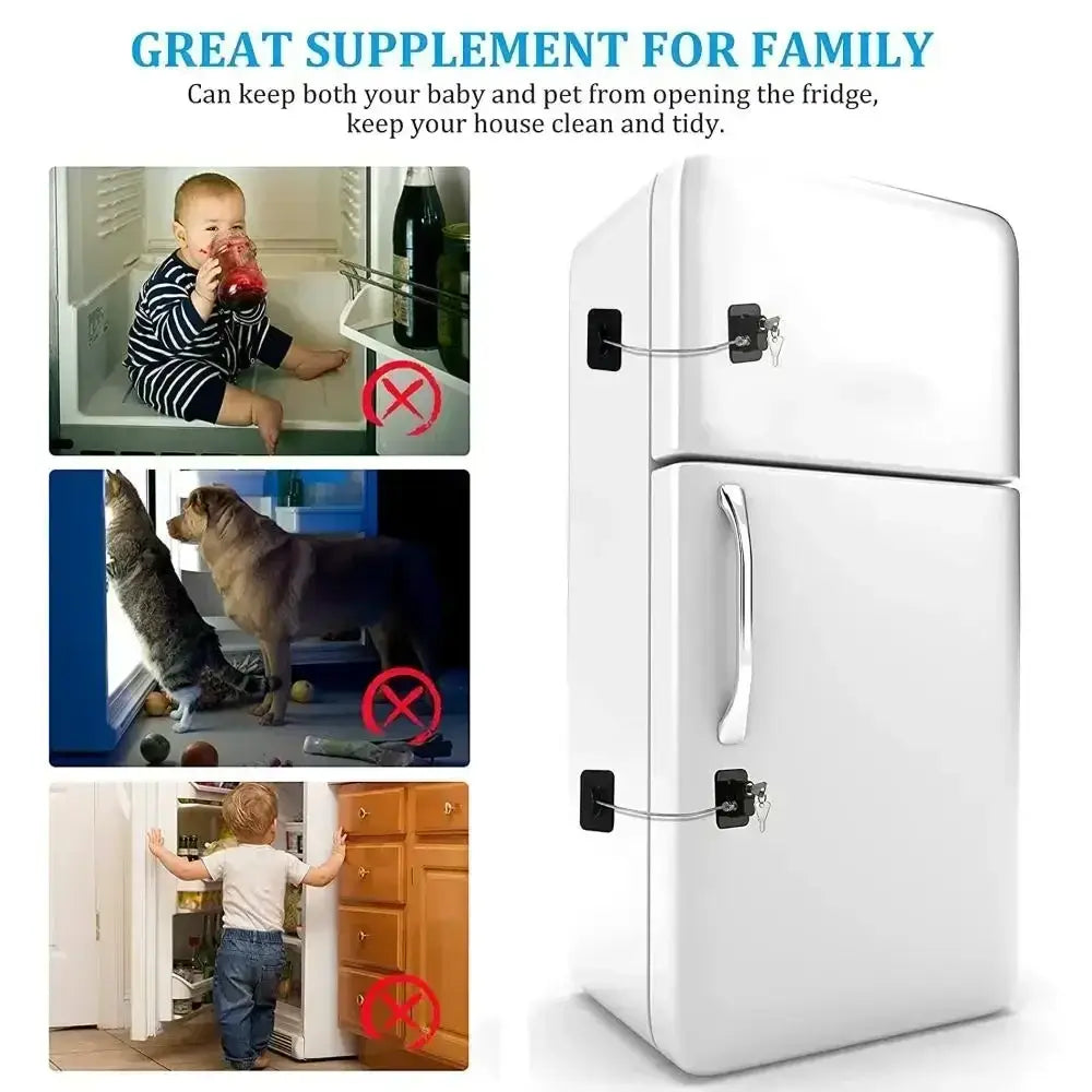 Child safety refrigerator and cabinet lock strap with a white lock, black metal brackets, and a silver chain for secure appliance and cabinet closure.