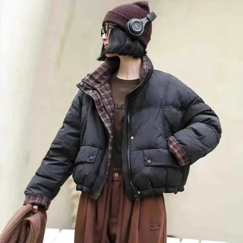 Winter Fashion Retro plaid stitching Parkas Jacket Women Loose Short Thicken Warm Down Cotton Padded Bread Coat Female Outwear