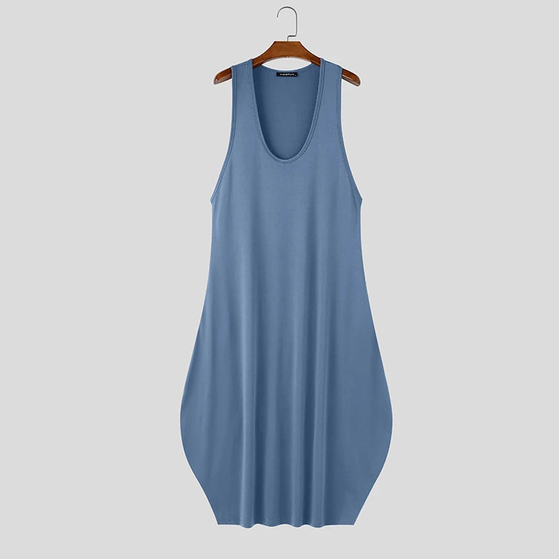 Men Long Style Tank Tops Solid Dresses O-neck Sleeveless Tops Men Clothes Loose Summer Fashion Men's Vests Streetwear INCERUN
