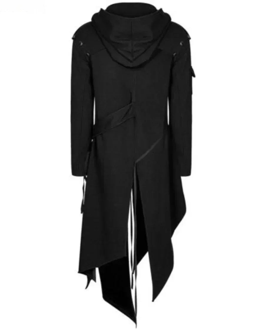 New  Men's Punk Style Irregular Trench Coats Black Gothic Long Hooded Jackets Halloween Man Cosplay Costume Large Size S-5XL