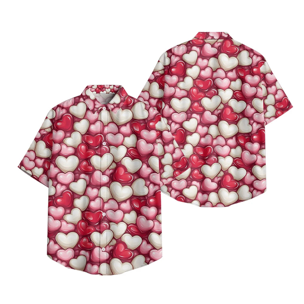 Valentine's Day Themed Men's & Women's Casual Shirt Romantic Short Sleeve Red Pink White Heart Print Loose Fit Button Down Shirt