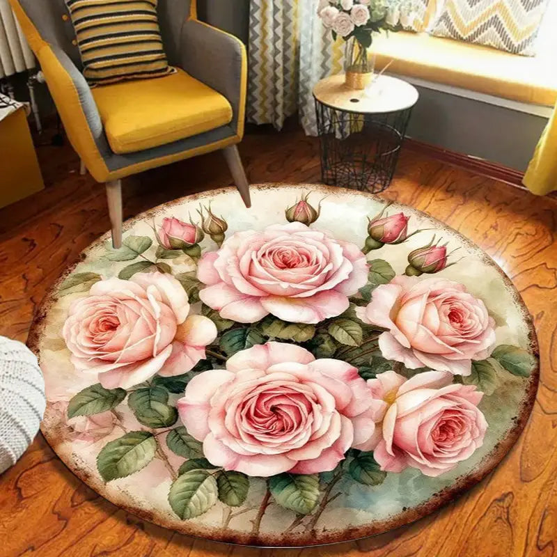 Floral runder Bereichsteppich mit detailliertem Design aus rosa Rosen mit grünen Blättern auf einem gealterten, Vintage-Style-Hintergrund aus rutschfestem Flanellmaterial.