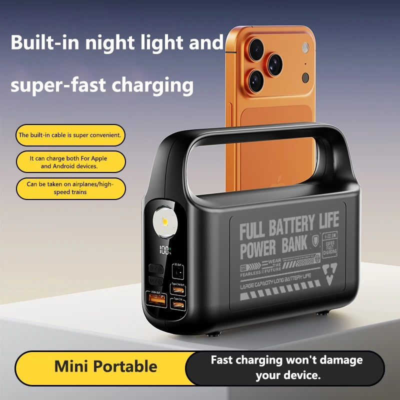 50000mAh Power Bank Large Capacity Portable Outdoor Emergency Power Supply Built-in Cable Camping Light For iPhone Xiaomi