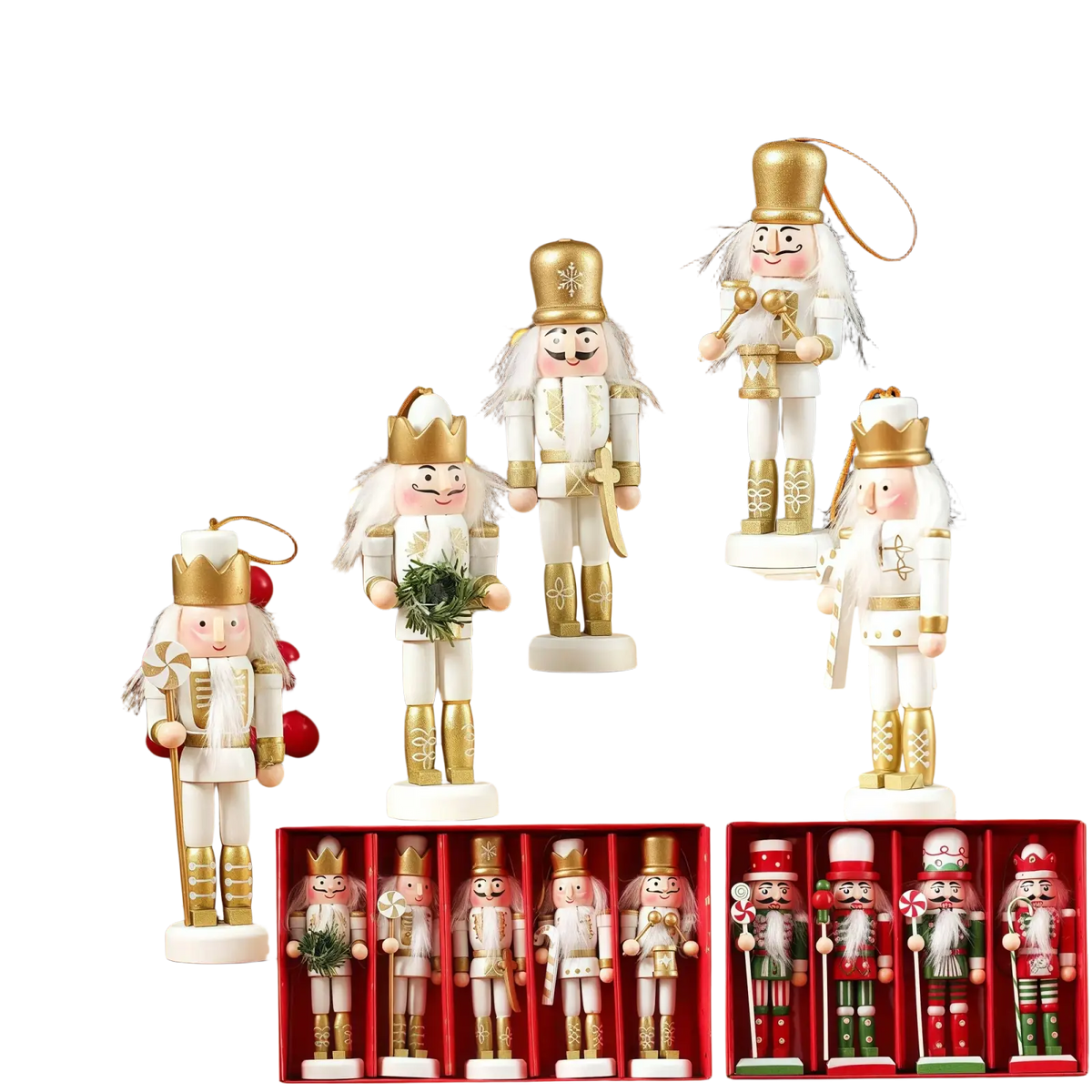 White and gold wooden nutcracker figurines with detailed uniforms and festive accessories for christmas tree decor