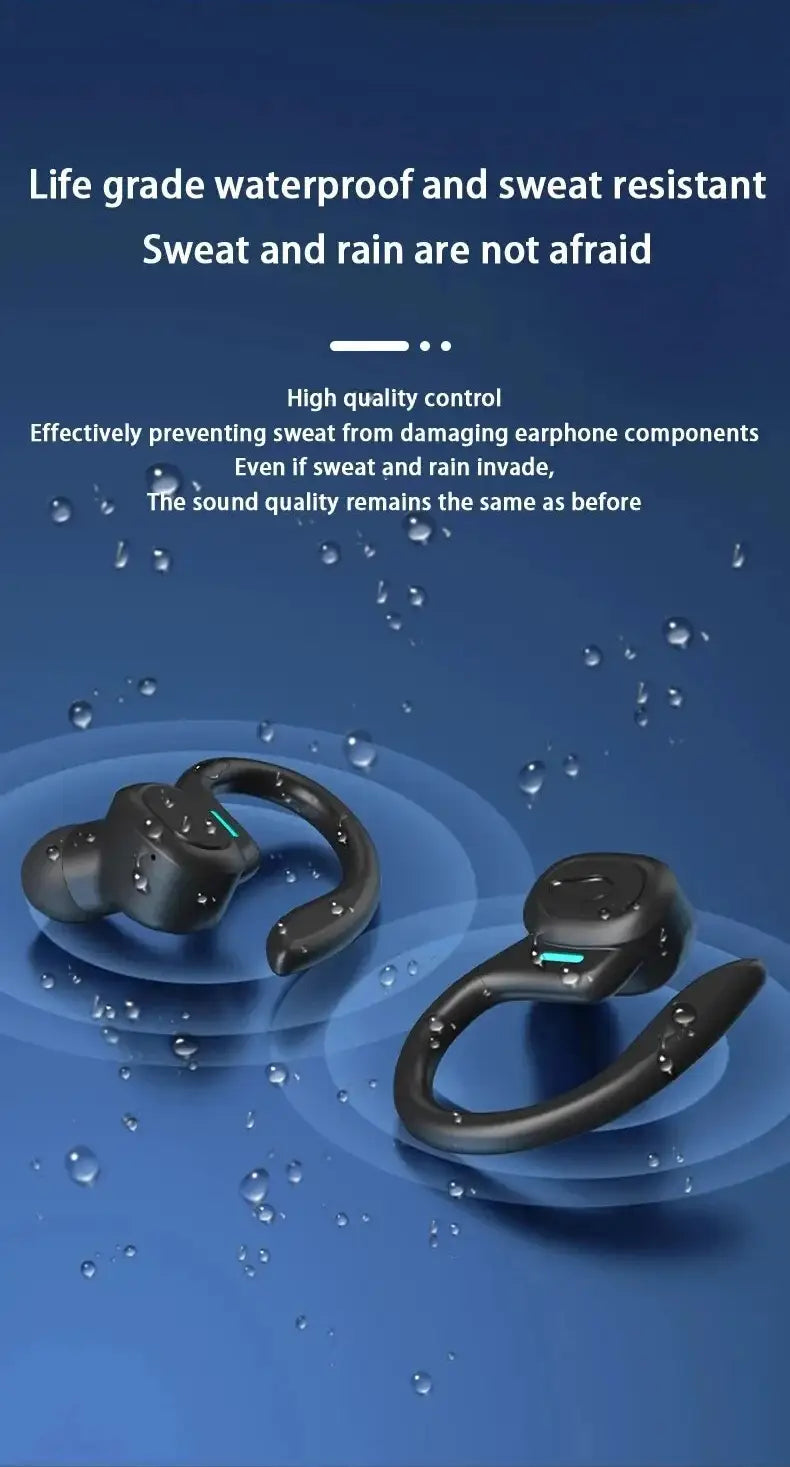 Black wireless sport ear hook earbuds with a sleek curved design and subtle green indicator lights waterproof Bluetooth.
