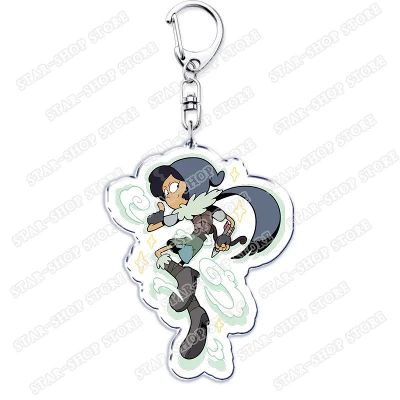 clear acrylic Amphibia anime keychain featuring an illustrated character with dark hair and a flowing tail against swirling light green cloud patterns.