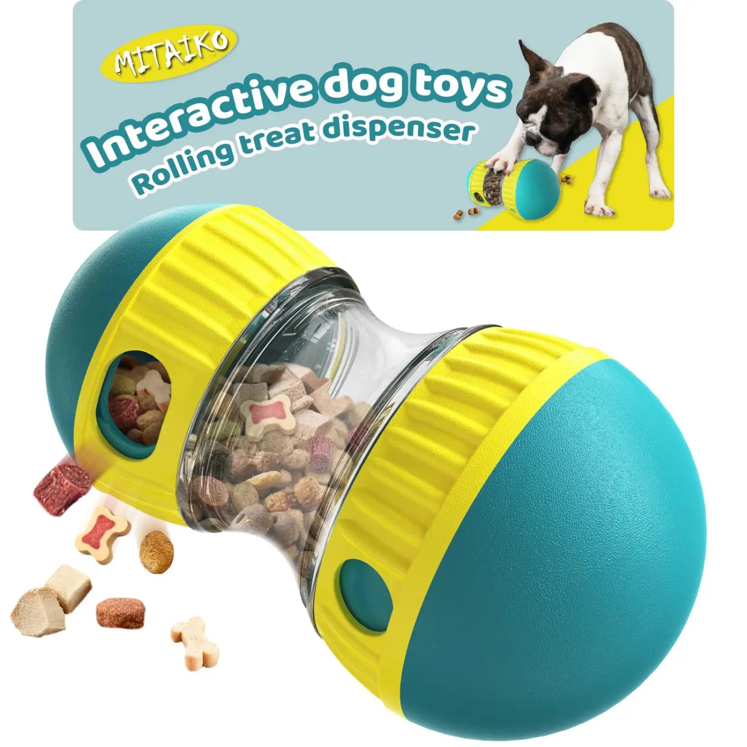 el juguete para rompecabezas canino mitaiko y dispensador de alimento es un dispensador de premios rodante color verde azulado y amarillo, con cámaras centrales transparentes llenas de croquetas de diferentes formas para perros.