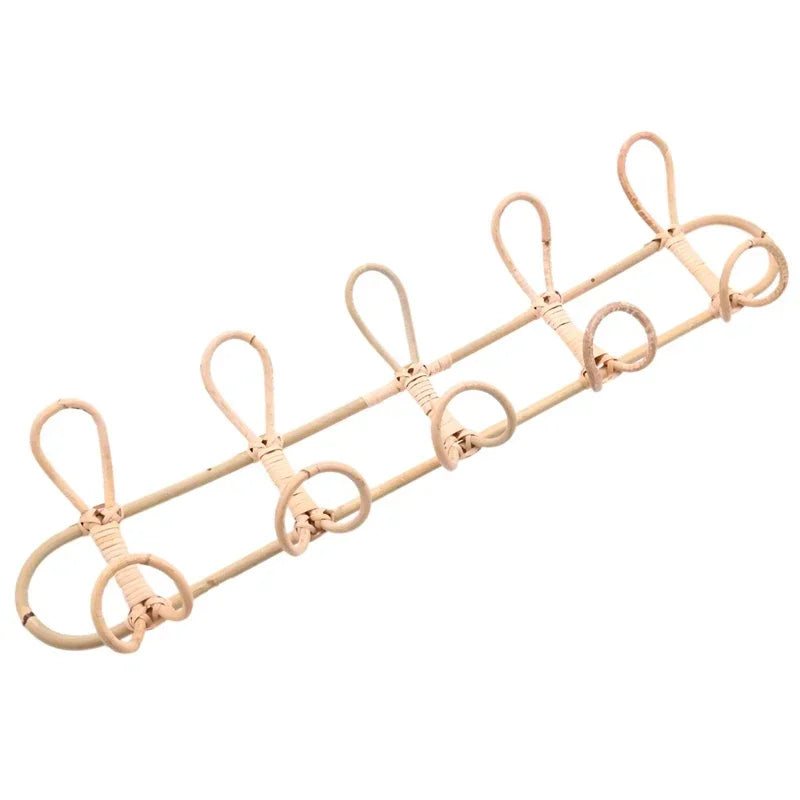 5-Hook Rattan Wall Hanger Kids Garments Organizer Rack Clothes Hat Hanging Hooks Practical Storage Decor For Kids Room Daily Use