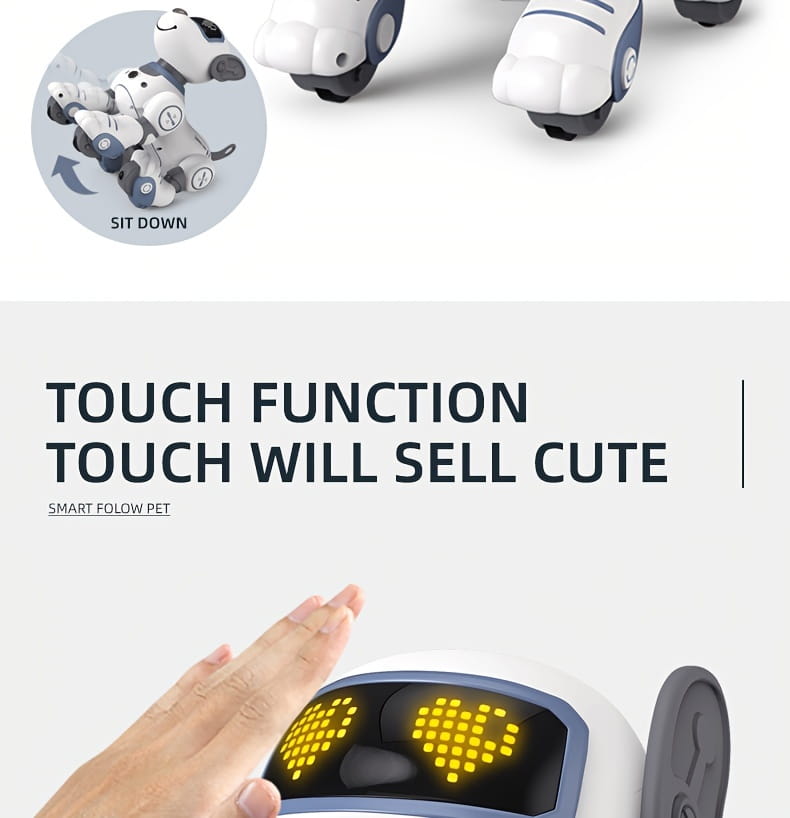 White and blue remote control robotic dog toy with rechargeable battery and LED eyes that glow yellow when touched.