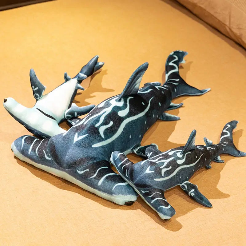 Plush hammerhead shark pillow soft toys with dark blue and white flame-like patterns designed for comfort and decoration.
