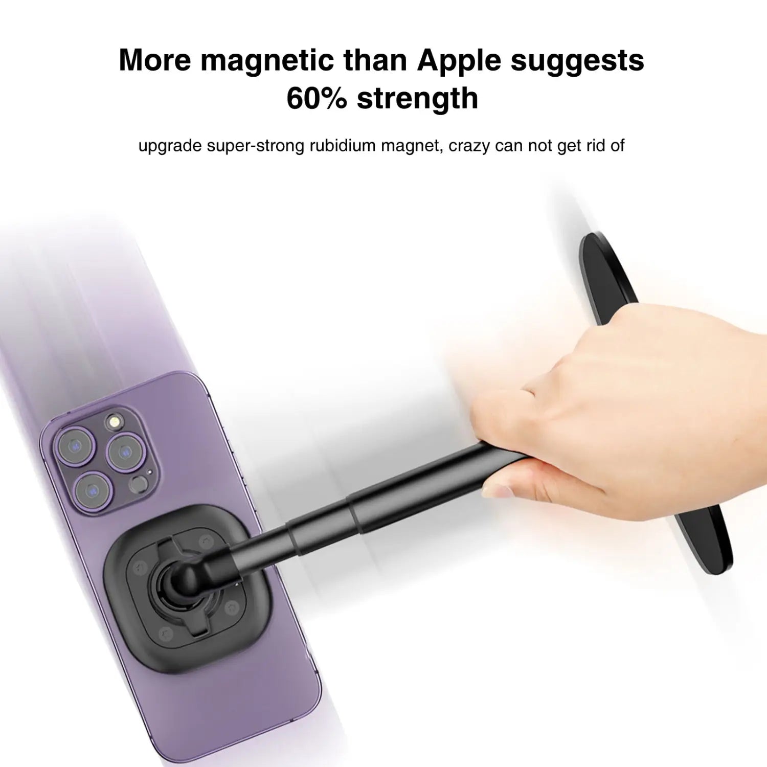 Schwarze Magnet-Handyständer mit verstellbarem Arm und rundem Sockel, der ein lila Smartphone für die kabellose Desktop-Magnetaufladung hält.