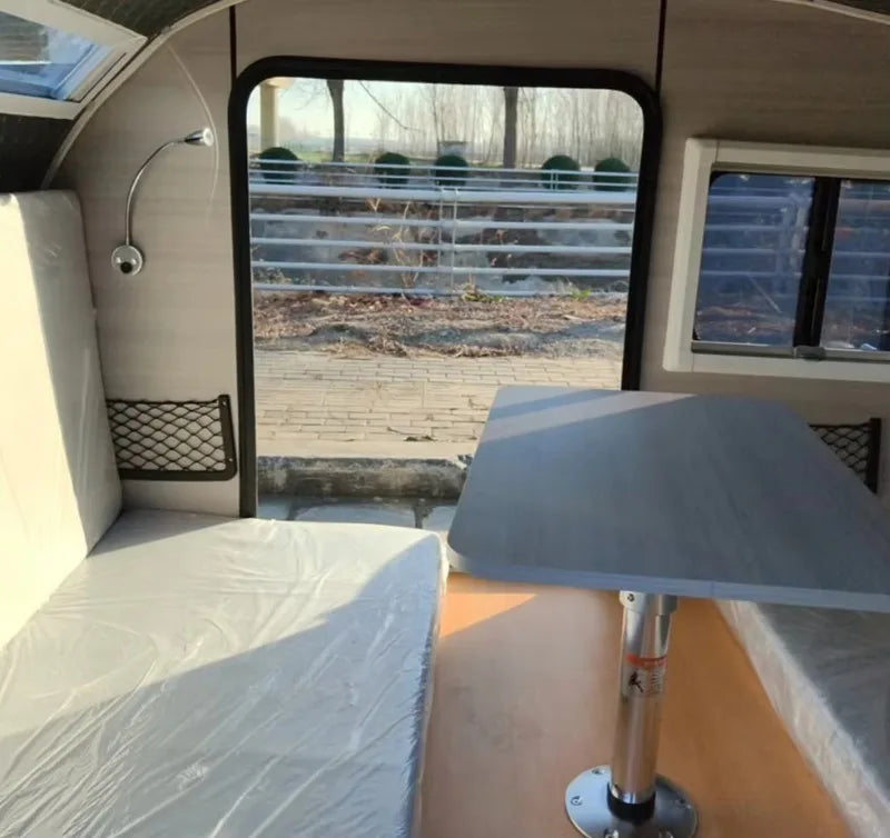 Custom Teardrop Travel Trailer, Fully Equipped Camper with Bed, Kitchen Storage Cabinets and Dining Area for Camping Road Trips