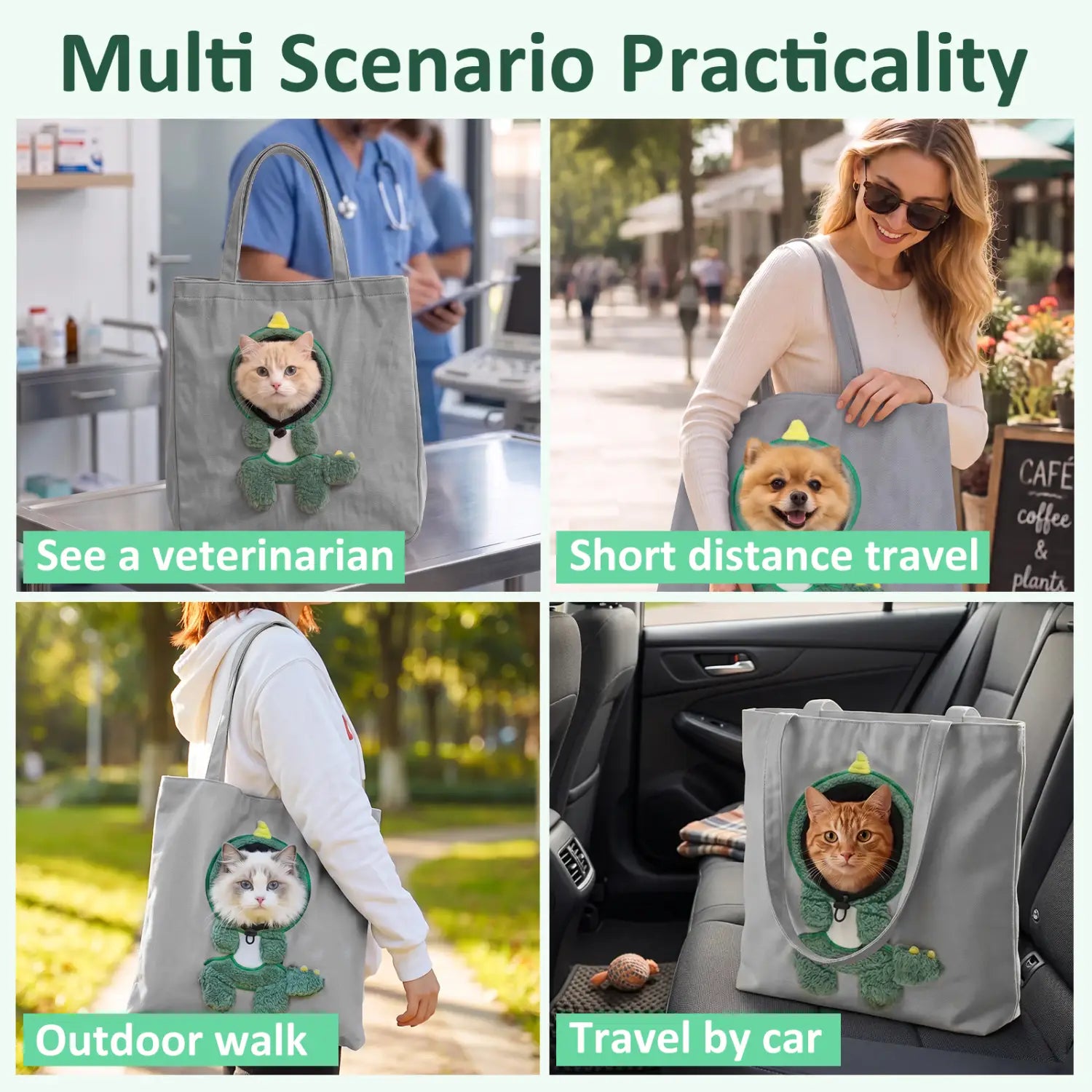 Sac de voyage en toile grise pour petits chiens, avec une ouverture circulaire et une boucle de sécurité, représentant un chat tigré orange qui se montre depuis l’intérieur d’un costume de dinosaure vert.