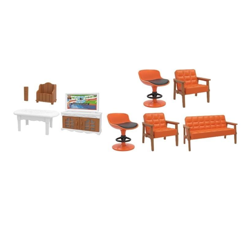 Miniatur-Puppenhausmöbel-Set mit orangefarbenen gepolsterten Miniatursesseln mit Holzrahmen und schwarzen Sitzkissen für den Maßstab 1:12.