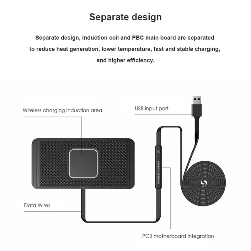 Black 15w fast wireless car charger pad with textured surface and integrated usb input port.