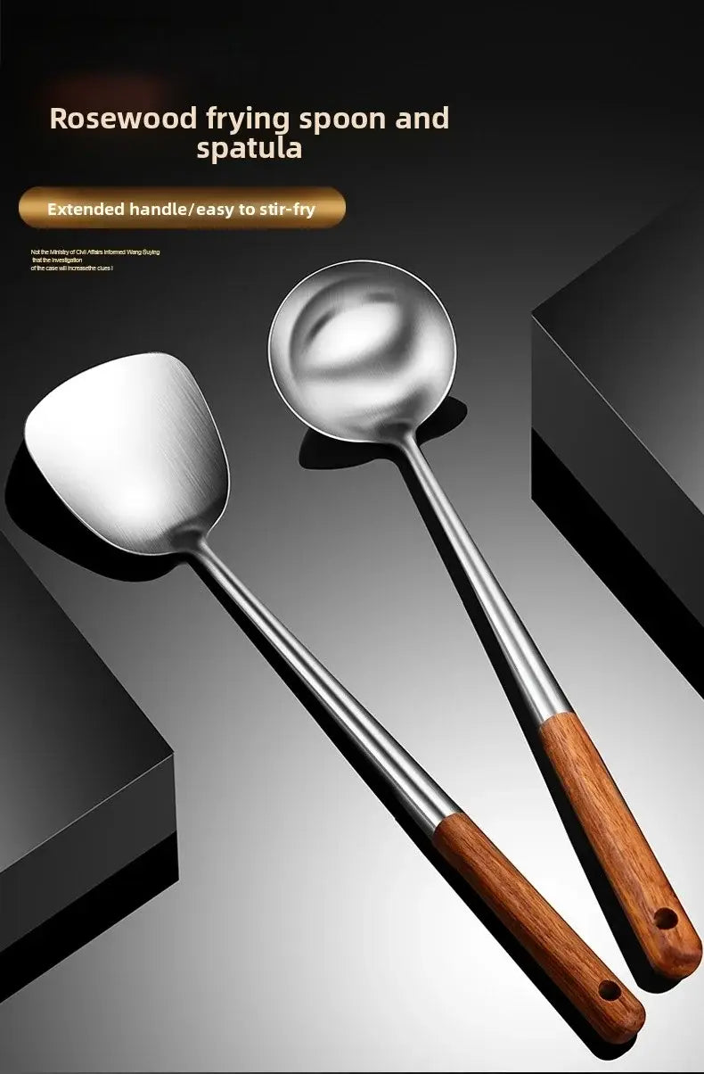 Ensemble d’une spatule à wok et d’une louche en acier inoxydable, avec poignées en palissandre et poignées allongées pour faciliter le sauté