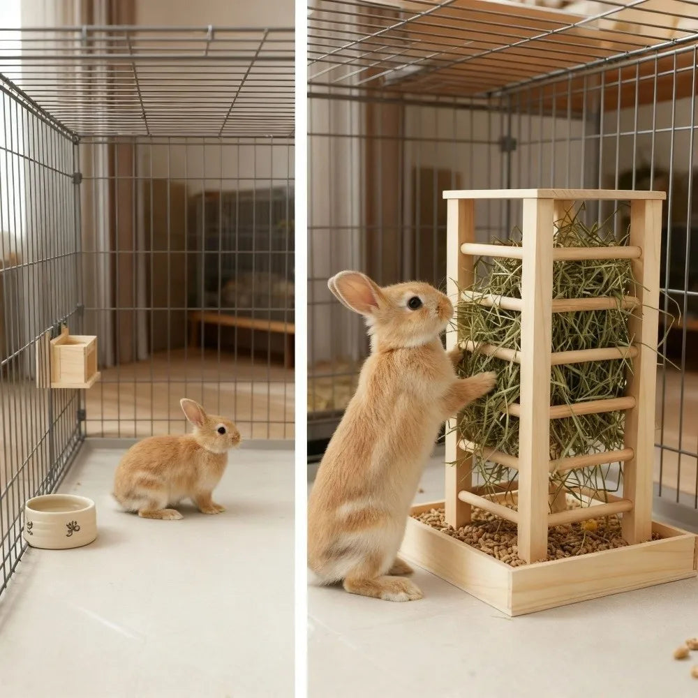 Pet Grass Rack Wooden Rabbit Hay Manger Durable Self-Feeding Hay Feeder Detachable Guinea Pig Feeder Rabbit Hutch
