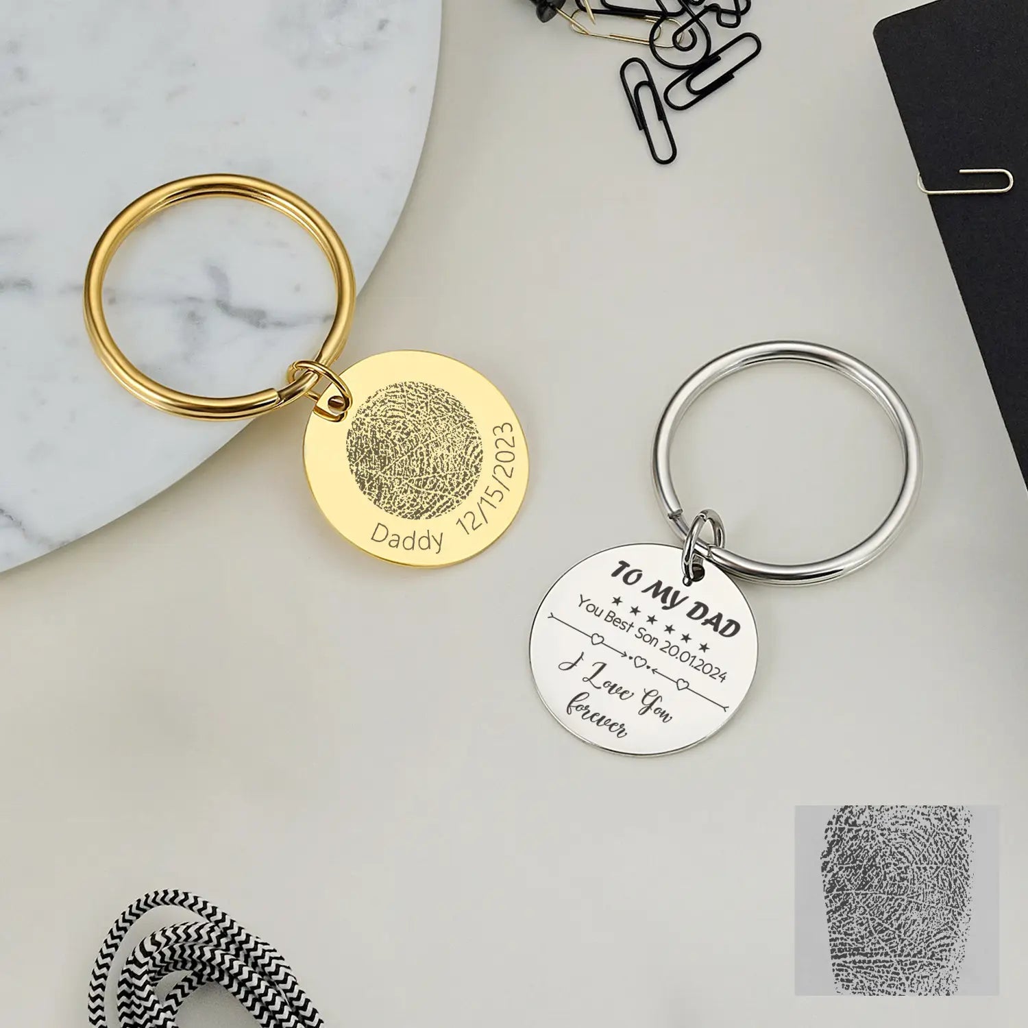 personalized fingerprint qr code keychain gift featuring gold and silver metal keychains with engraved fingerprint designs and heartfelt messages
