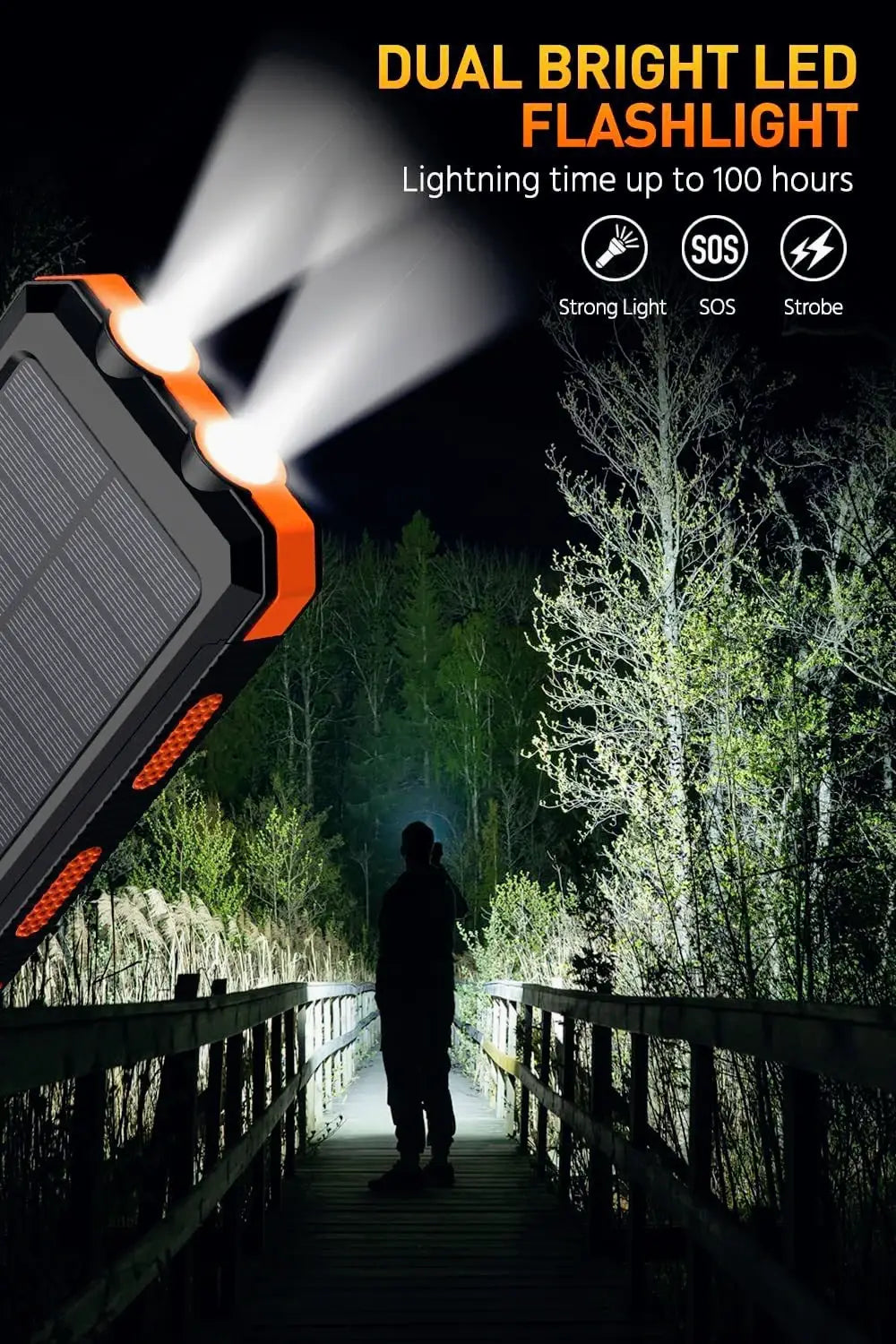 Orange and black dual bright led flashlight with solar panel integrated in a solar power bank 20000mah rugged portable charger designed for outdoor use.