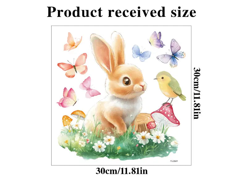 A charming cartoon-style Easter bunny window decal featuring a tan and white bunny surrounded by colorful butterflies, a small bird, mushrooms, and flowers designed as colorful egg glass stickers.