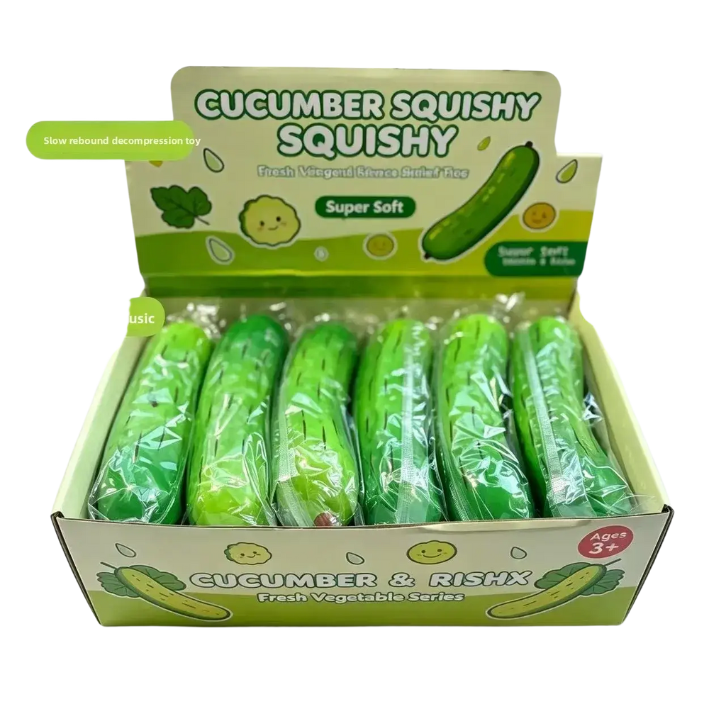 Green cucumber-shaped pu slow rising squishy toys in clear plastic packaging for stress relief and fidget use