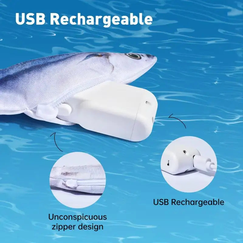 魚の形をした電気的相互作用のキャットトイとして設計された、USB充電式のスマートデバイス。ぬいぐるみのように見える控えめなジッパーを備えています。