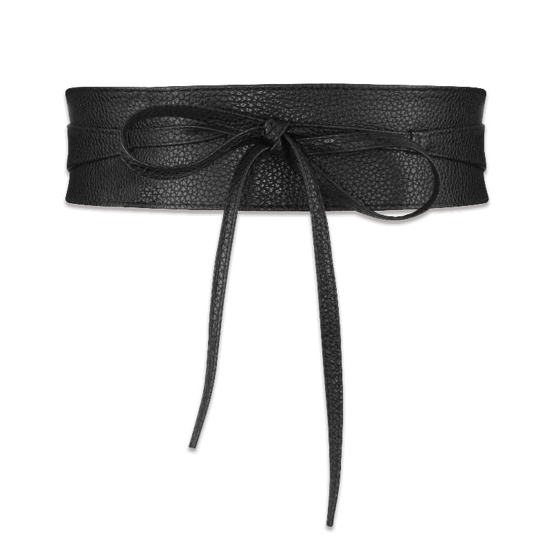 Ceinture large en cuir noir texturé à nœud papillon noué pour femmes, présentant un nœud noué et de longues lanières.