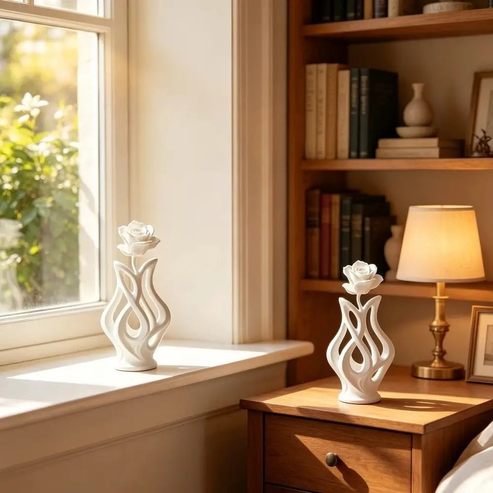 White ceramic modern rose sculpture figurine home decor with sculpted flowing stem design.