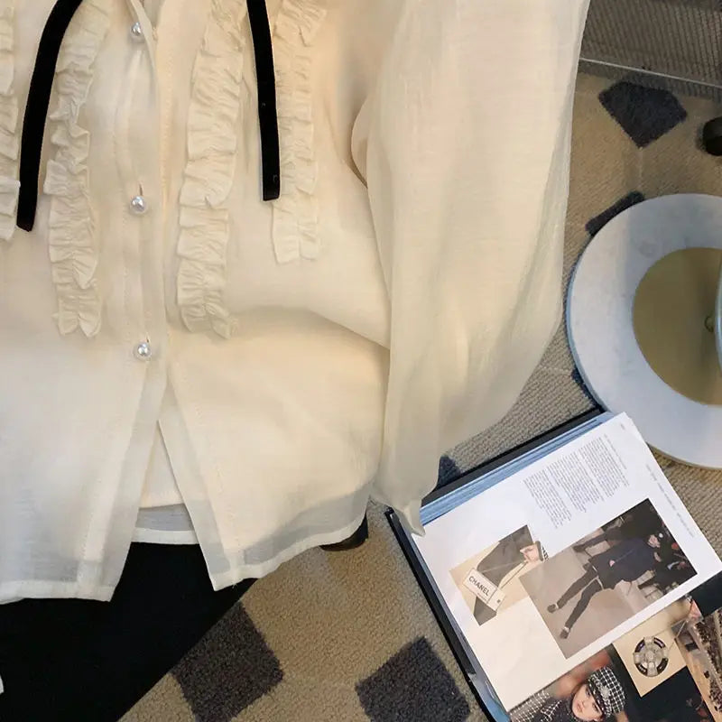 French Chic Design Shirts Lace Bow Tie Women Blouses High-end Spring Autumn Long Sleeve Tops Single-breasted Office Lady Shirt