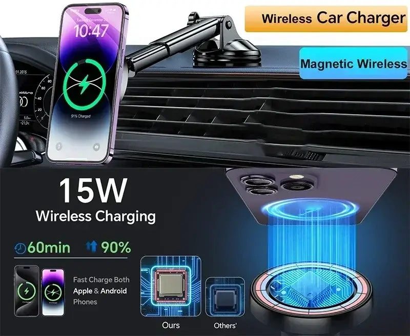 Schwarzes magnetisches kabelloses Kfz-Ladegerät mit 15-W-Ladepad und verstellbarem Arm für schnelles Montieren des Telefons im Fahrzeug