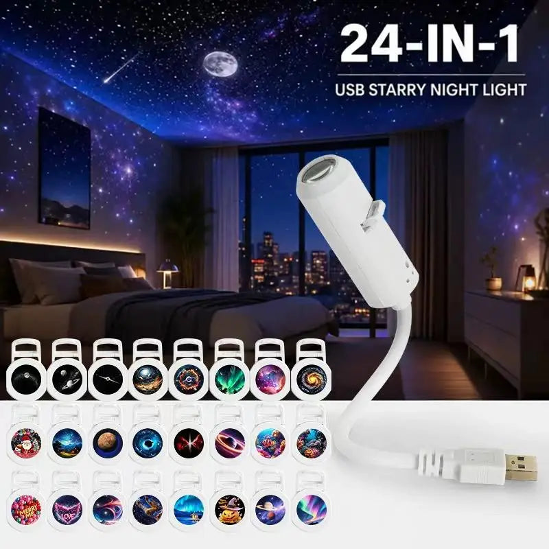 White usb starry night light with flexible gooseneck and interchangeable film discs showing galaxy-themed projection patterns.
