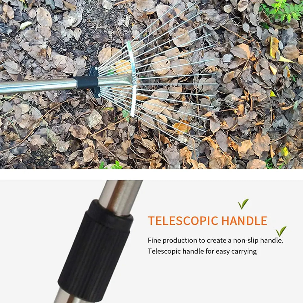 Silver leaf rake with black ergonomic telescopic handle featuring a telescopic handle design for efficient garden leaf rake use.
