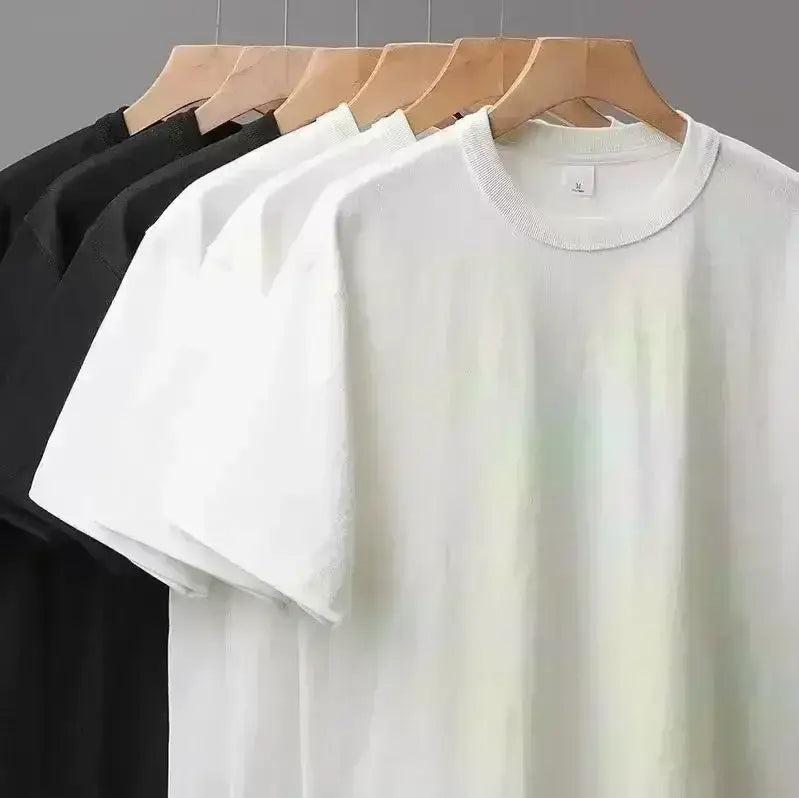 White crew-neck t-shirt with subtle iridescent vertical stripes and ribbed collar featured in a funny insomnia graphic tshirt dark humor sleep tee design.