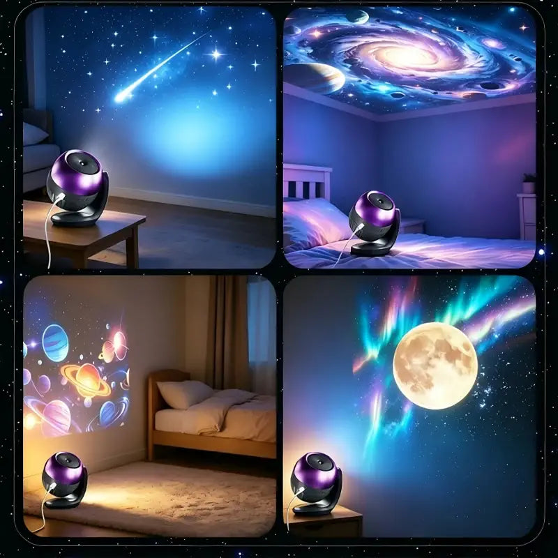 purple and black spherical led projector light with kids gift patterns and timer displayed from a front angle