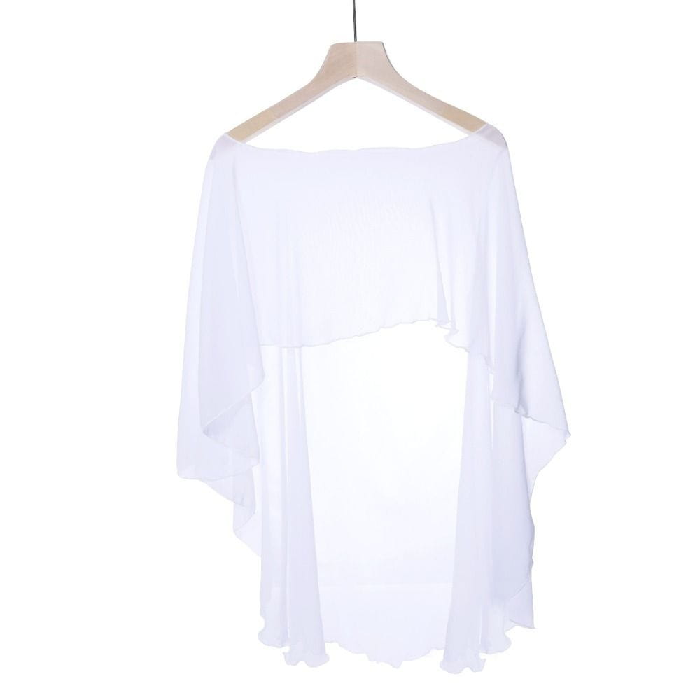 Weiße transparente Chiffon-Hochzeitscape-Wickelshawl mit Carmen-Ausschnitt, fließenden asymmetrischen Ärmeln und gesäumtem Saum mit Wellenkante.