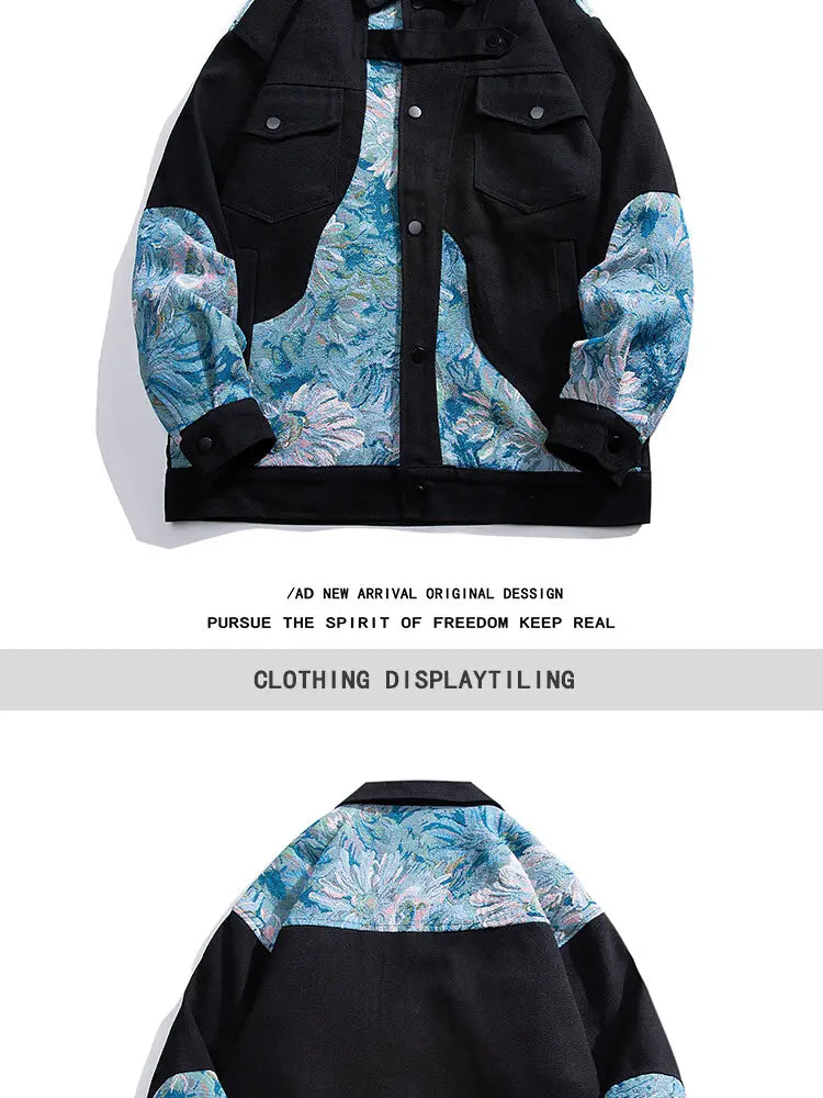 Bomberjacke im Streetwear-Stil mit floraler Stickerei; schwarzer und blauer floraler Denim-Body mit kontrastierenden Ärmeln.