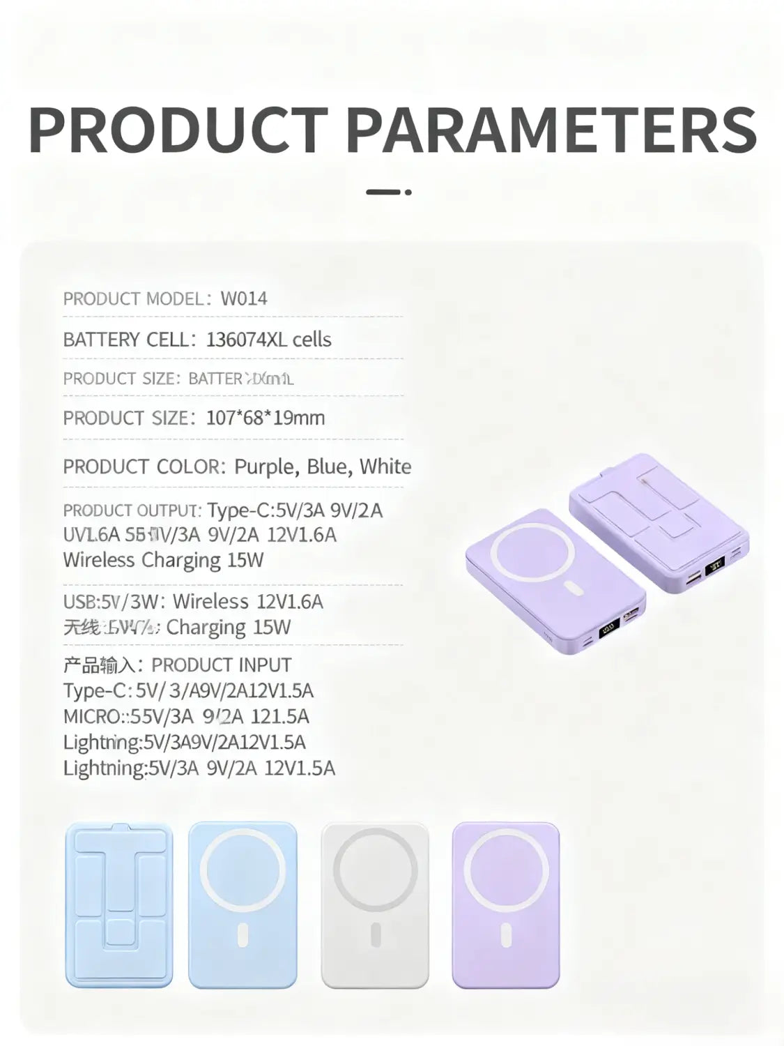 Ein eleganter kabelloser Ladegerät-Powerbank-Akku mit Ständer in sanftem Lavendel, mit minimalistischer Gestaltung, integriertem magnetischem Ladepad, mehreren USB-Anschlüssen und Schnellladefunktion.