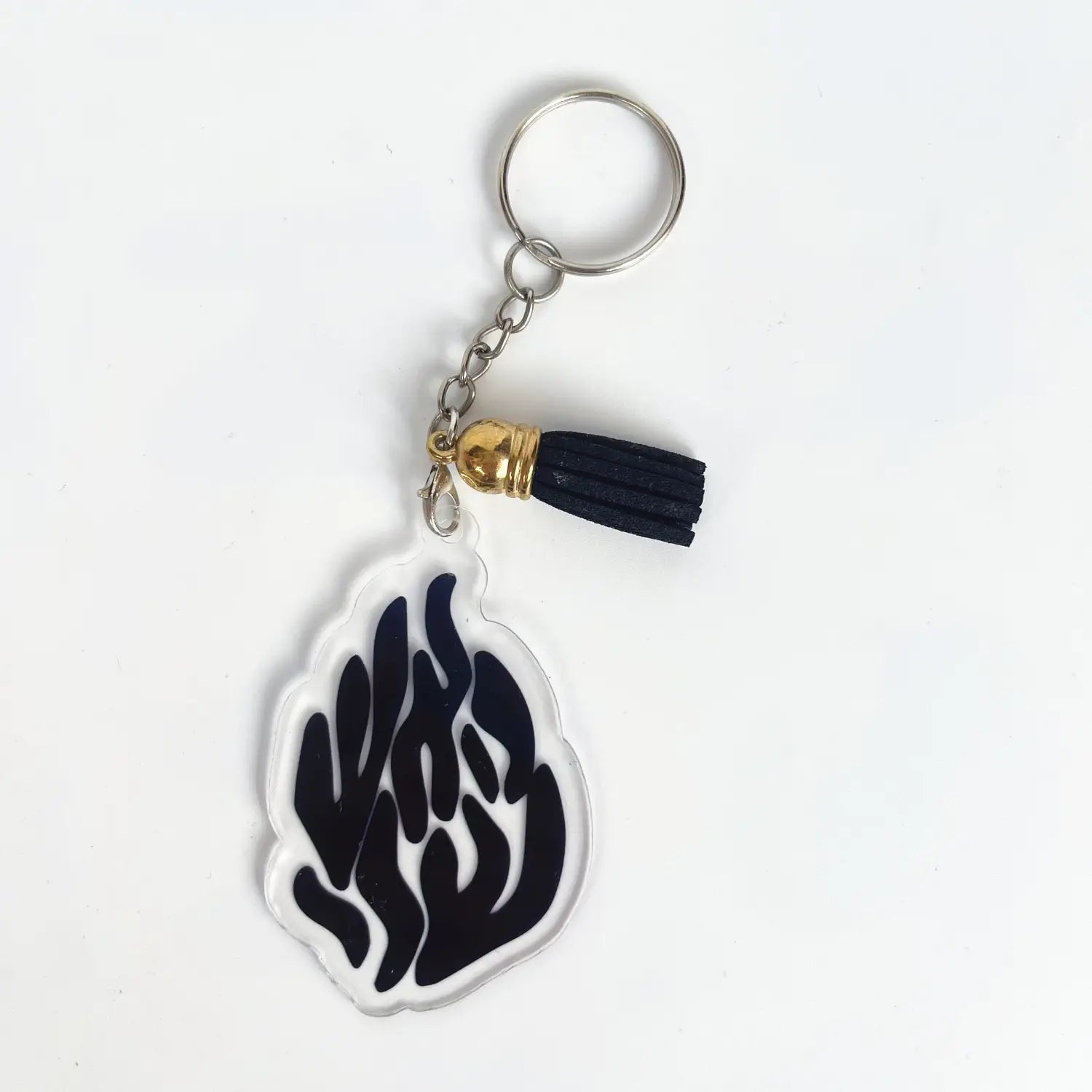 Clear acrylic Jewish blessing card keychain with black stylized flame design and black tassel accent for party favor set of 10 pieces.