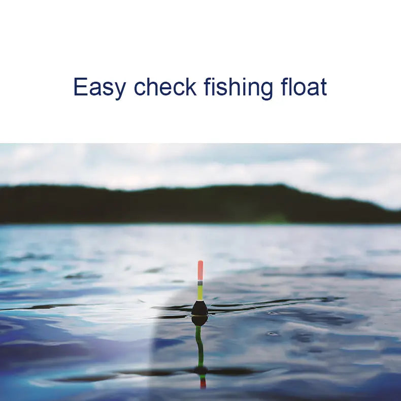 A colorful multi-sectioned fishing float with a red top and green stem displayed alongside polarized clip on night vision sunglasses for enhanced night vision use.