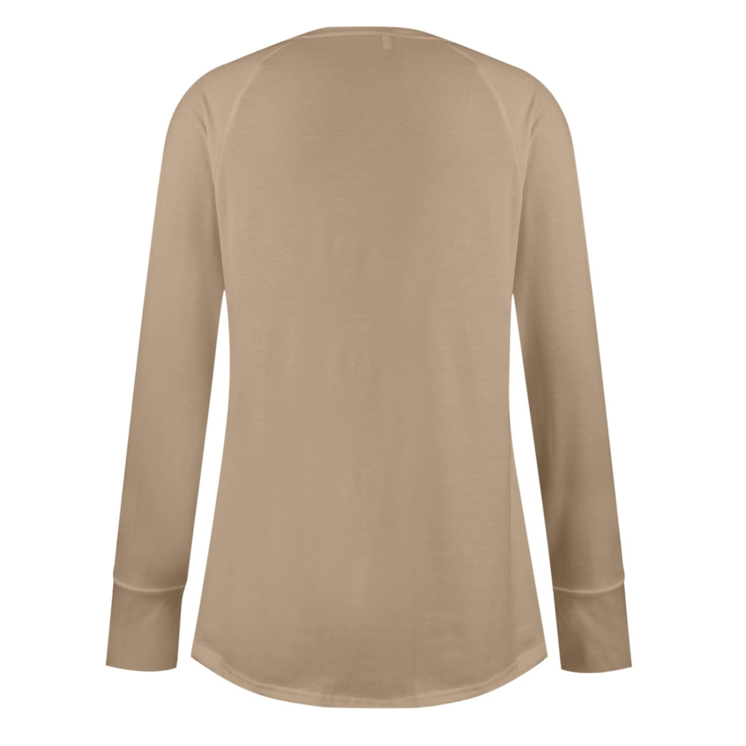 beige long sleeve cotton tunic top for women with a round neck and ribbed cuffs featuring a solid pattern type and full sleeve length